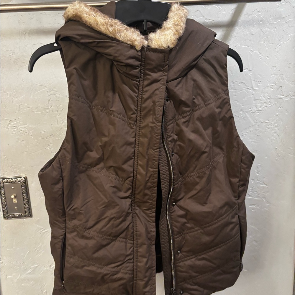 Esprit Brown Women's Puffer Vest with Fur Trim